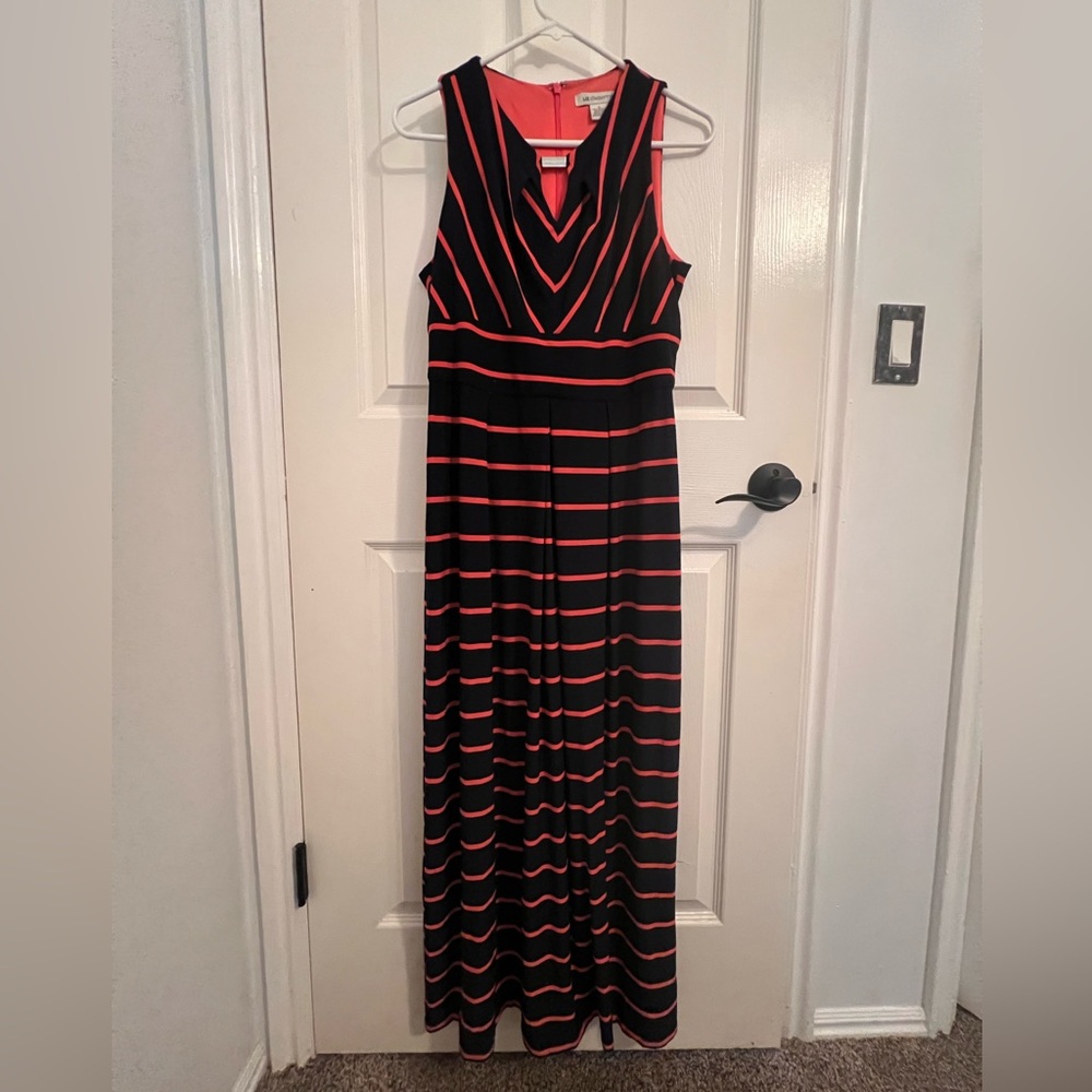 Liz Claiborne Navy and Pinkish-reddish Striped Maxi Dress